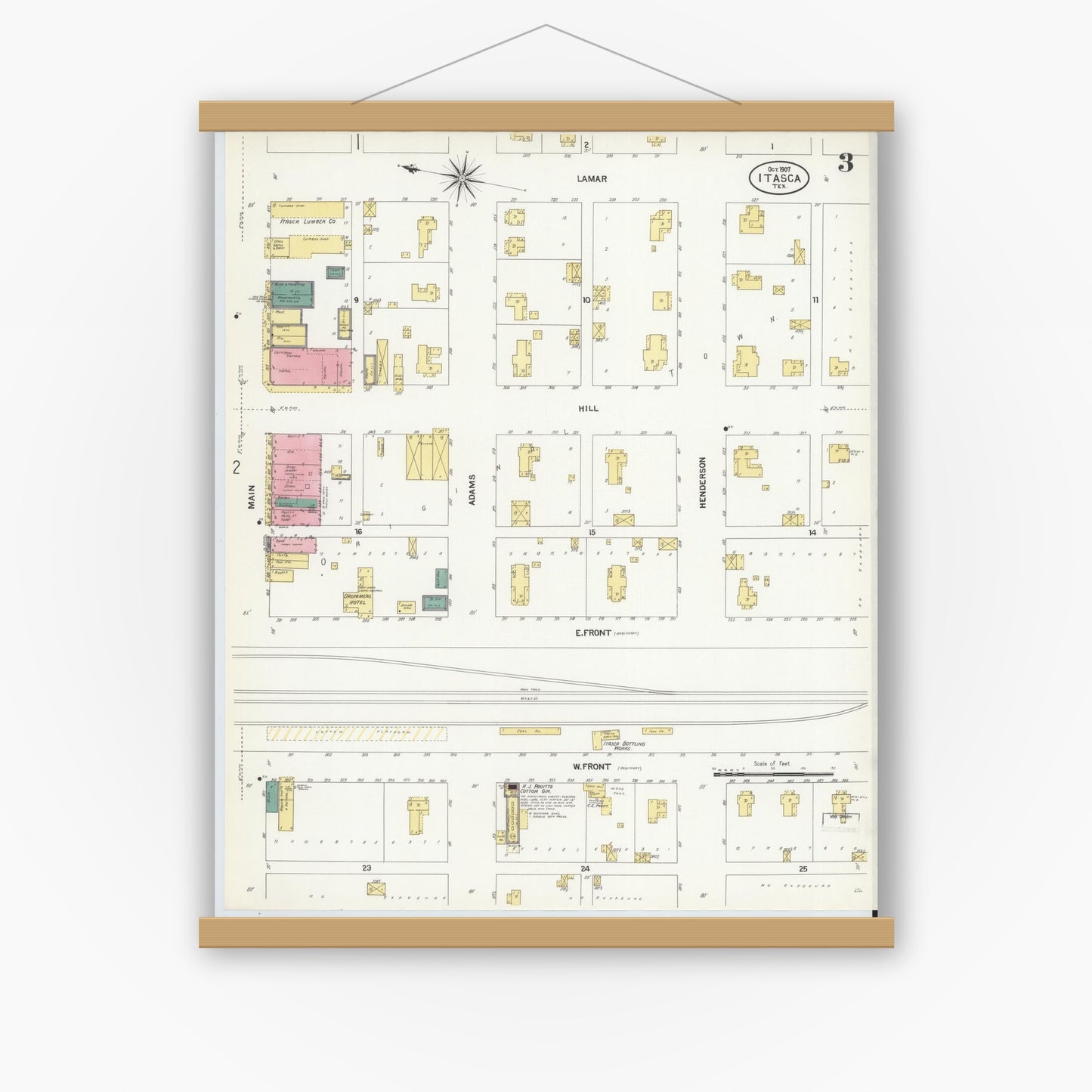 Old map wall art mockup — magnetic wood frame on white wall — Sanborn Fire Insurance Map from Itasca, Hill County, Texas (1907), Sheet #0003
