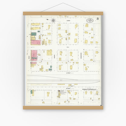 Old map wall art mockup — magnetic wood frame on white wall — Sanborn Fire Insurance Map from Itasca, Hill County, Texas (1907), Sheet #0003