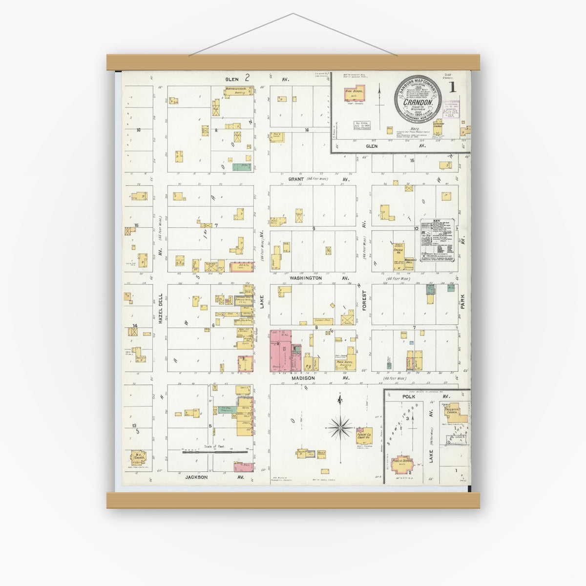 Old map wall art mockup — magnetic wood frame on white wall — Sanborn Fire Insurance Map from Crandon, Forest County, Wisconsin (1904) - Complete Map Set