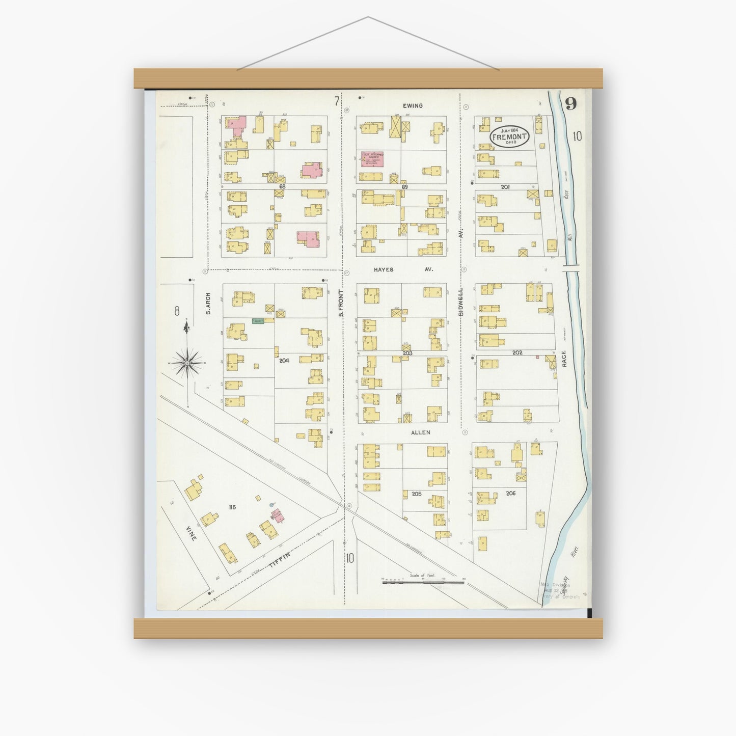 Old map wall art mockup — magnetic wood frame on white wall — Sanborn Fire Insurance Map from Fremont, Sandusky County, Ohio (1904), Sheet #0009