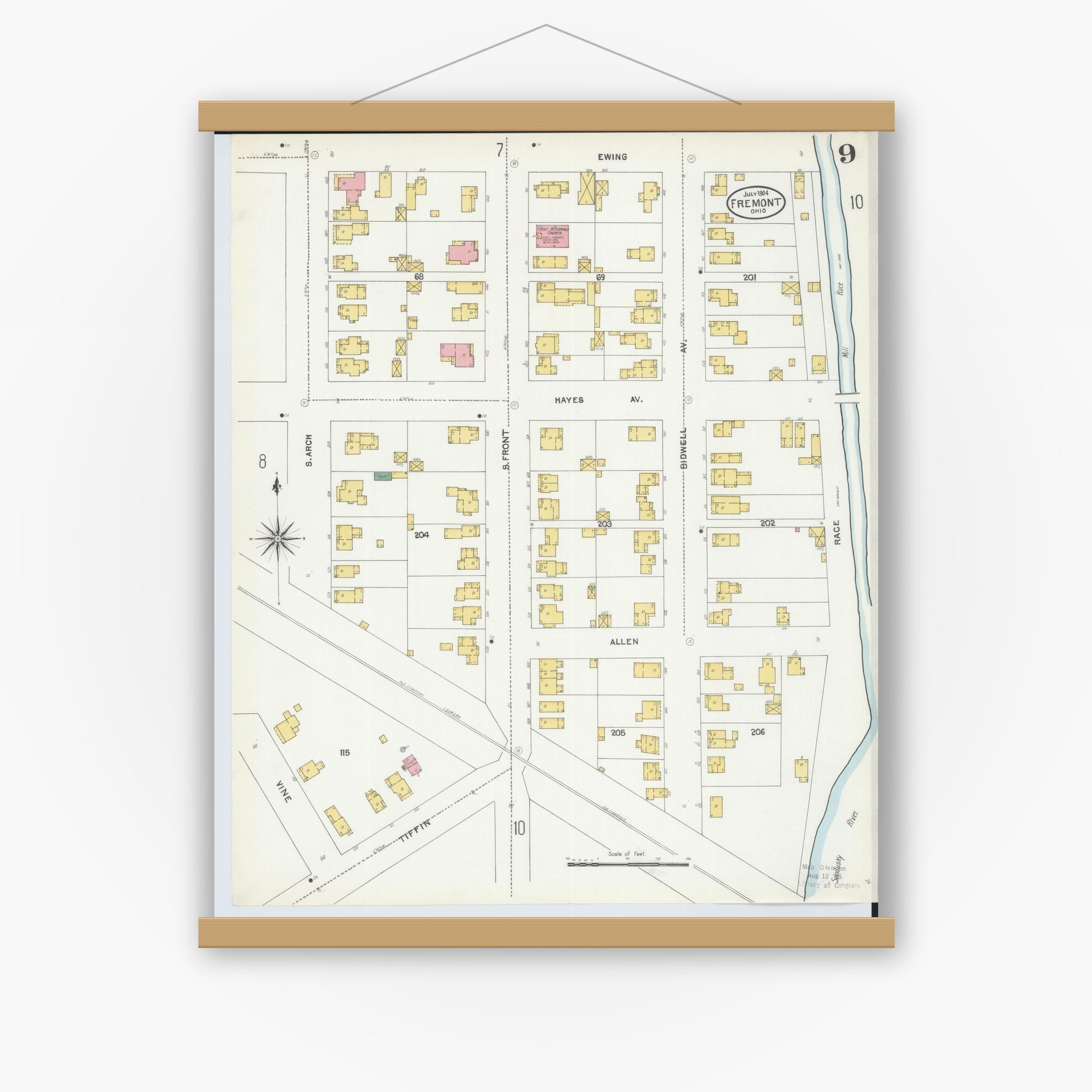Old map wall art mockup — magnetic wood frame on white wall — Sanborn Fire Insurance Map from Fremont, Sandusky County, Ohio (1904), Sheet #0009