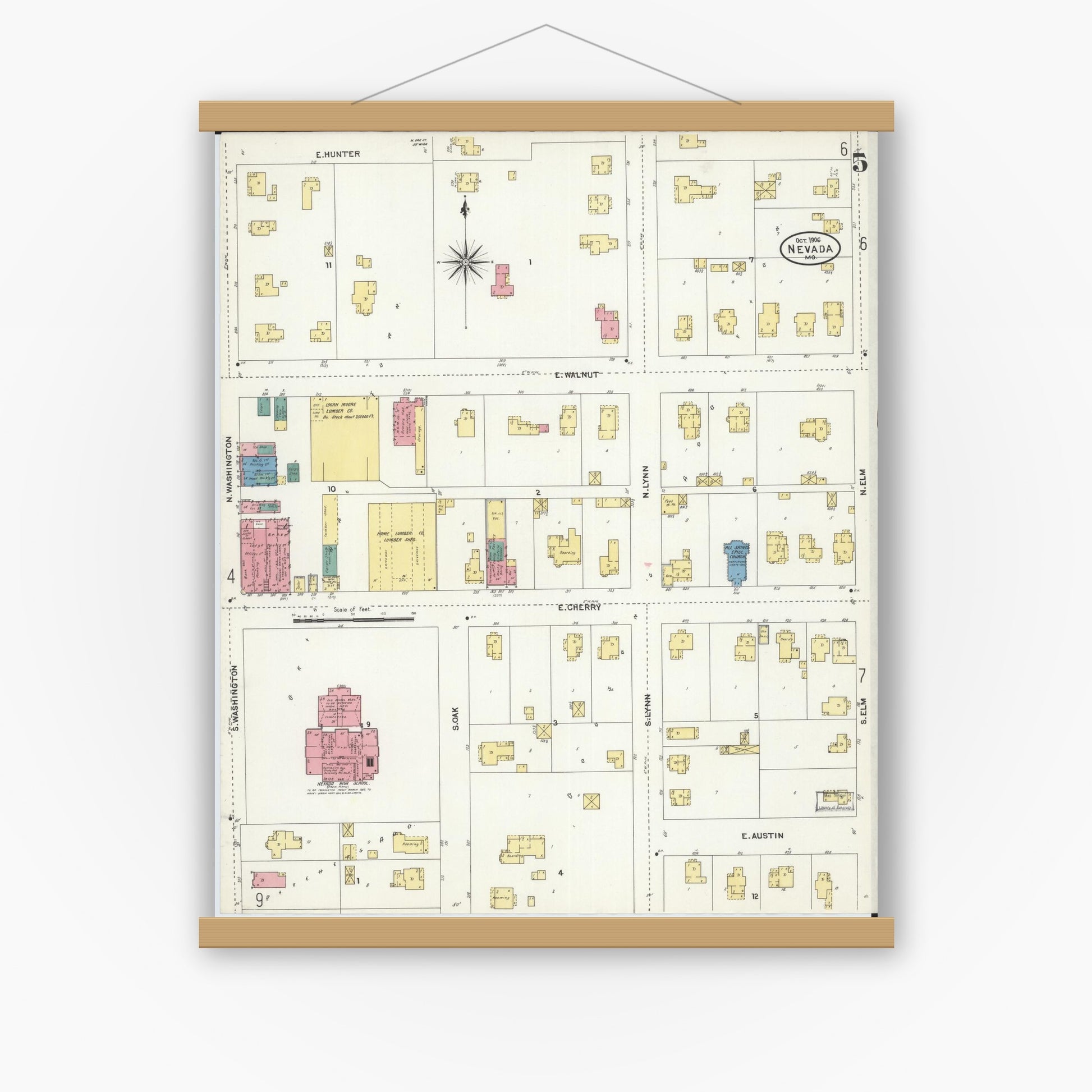 Old map wall art mockup — magnetic wood frame on white wall — Sanborn Fire Insurance Map from Nevada, Vernon County, Missouri (1906), Sheet #0005