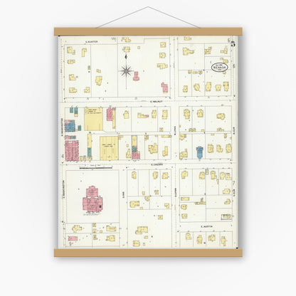 Old map wall art mockup — magnetic wood frame on white wall — Sanborn Fire Insurance Map from Nevada, Vernon County, Missouri (1906), Sheet #0005