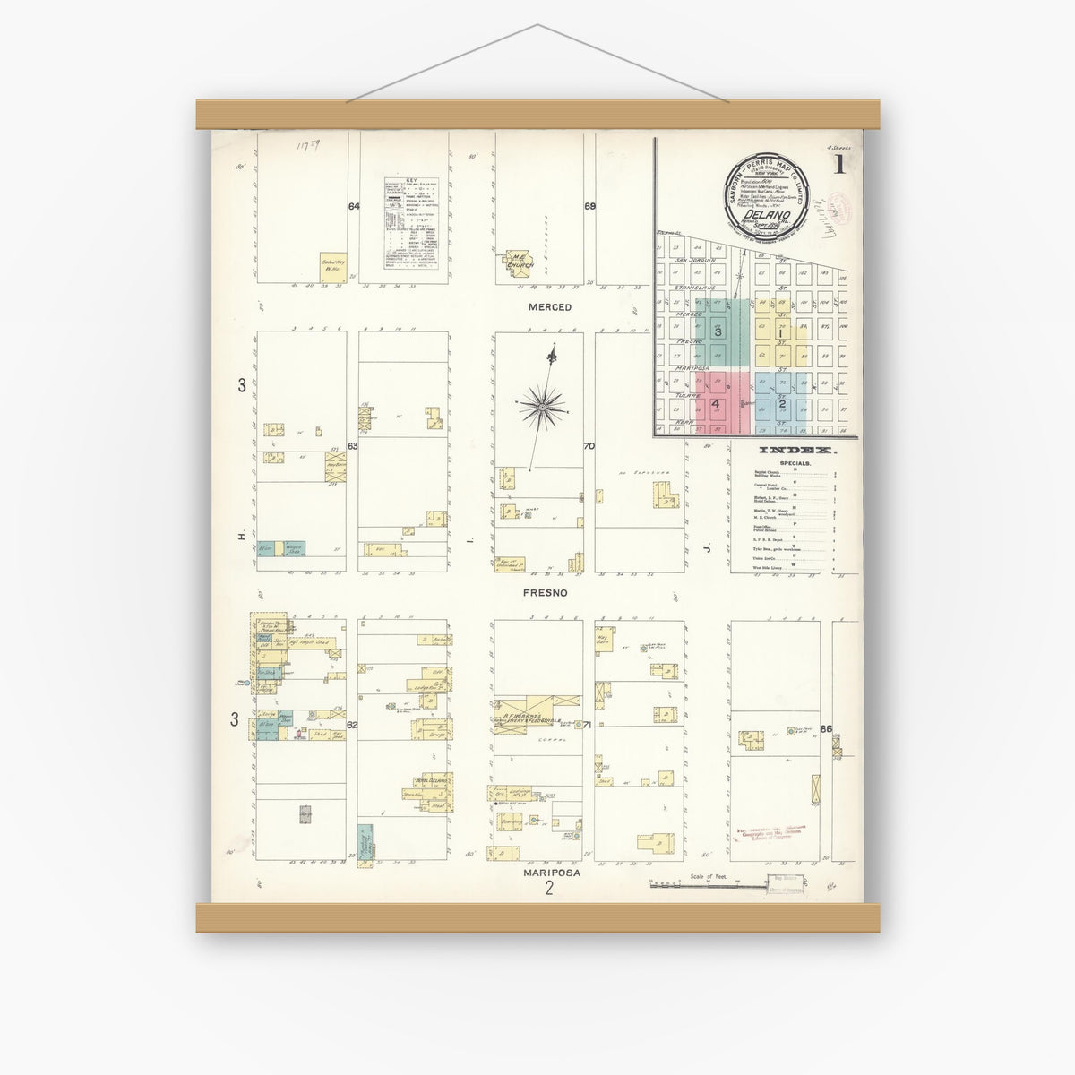Old map wall art mockup — magnetic wood frame on white wall — Sanborn Fire Insurance Map from Delano, Kern County, California (1896) - Complete Map Set