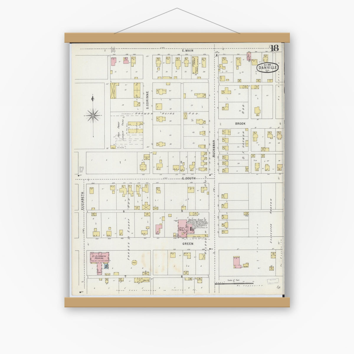 Old map wall art mockup — magnetic wood frame on white wall — Sanborn Fire Insurance Map from Danville, Vermilion County, Illinois (1895), Sheet #0018