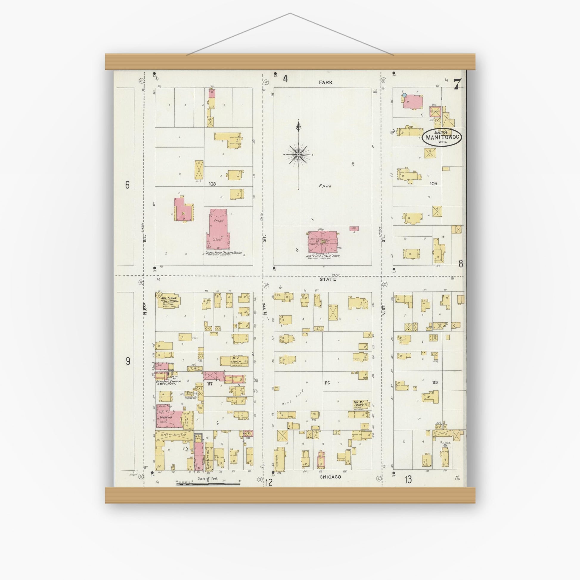 Old map wall art mockup — magnetic wood frame on white wall — Sanborn Fire Insurance Map from Manitowoc, Manitowoc County, Wisconsin (1906), Sheet #0007