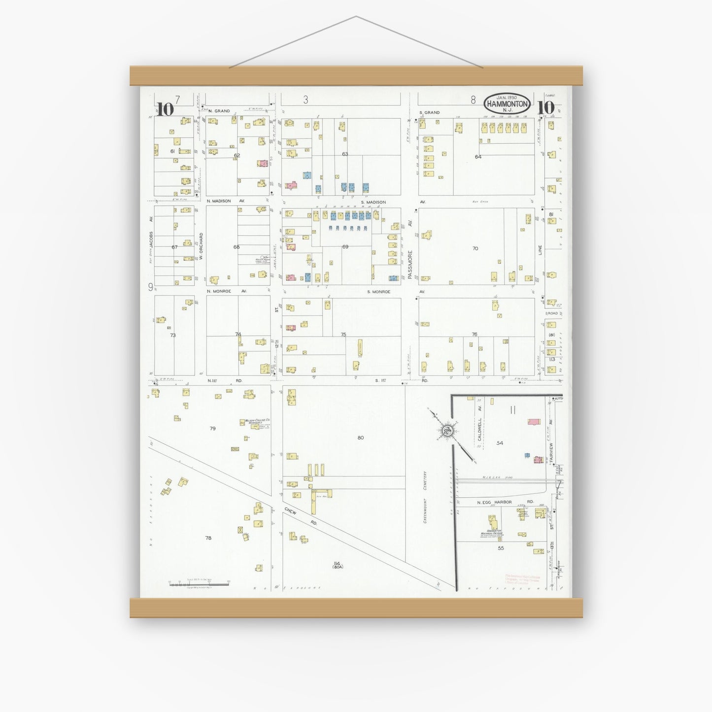 Old map wall art mockup — magnetic wood frame on white wall — Sanborn Fire Insurance Map from Hammonton, Atlantic County, New Jersey (1930), Sheet #0010
