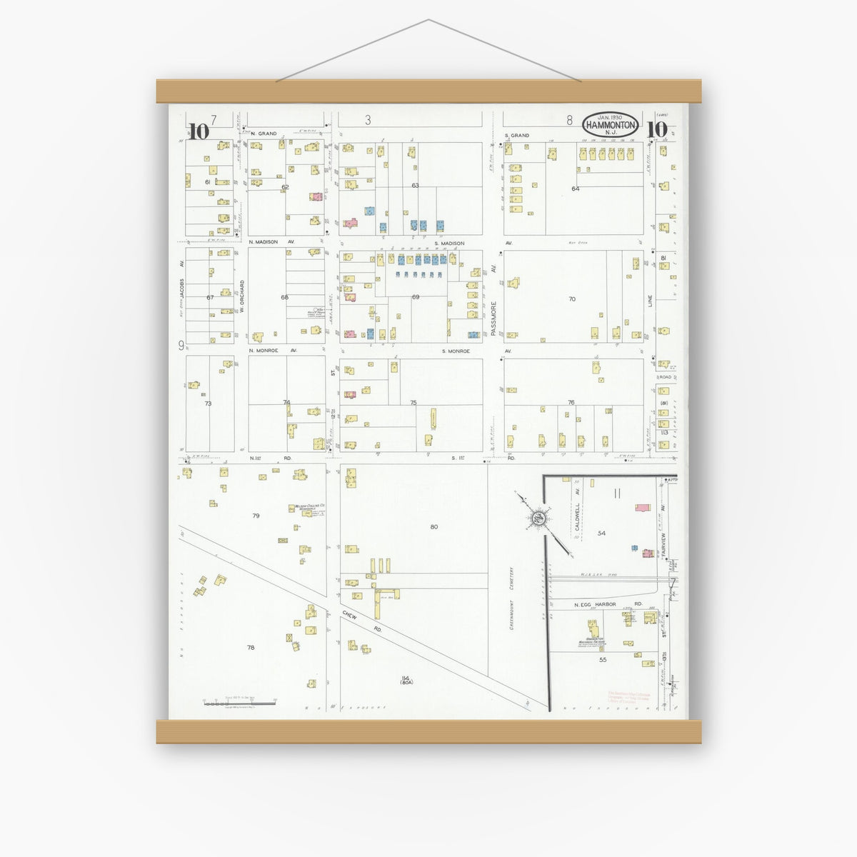 Old map wall art mockup — magnetic wood frame on white wall — Sanborn Fire Insurance Map from Hammonton, Atlantic County, New Jersey (1930), Sheet #0010