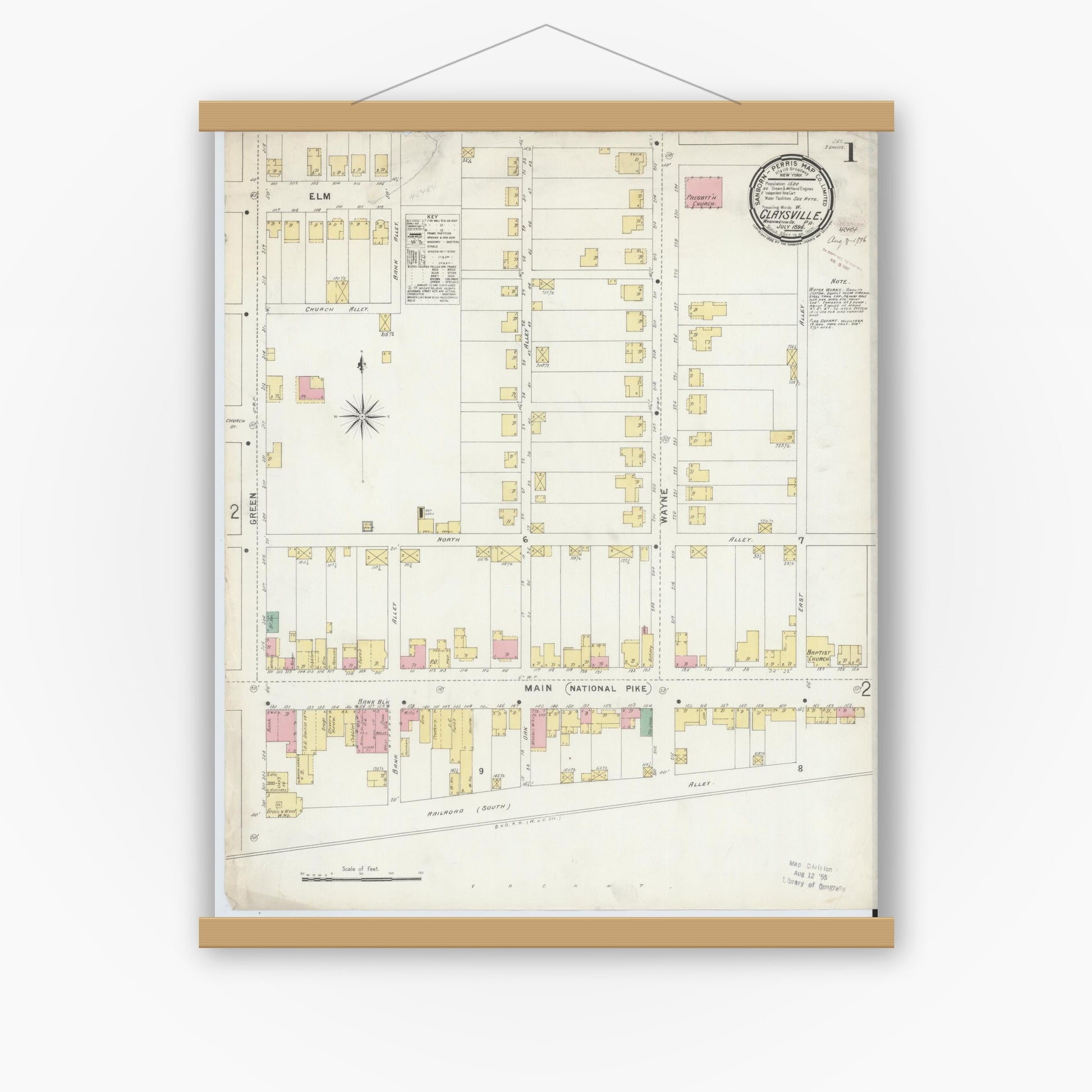 Old map wall art mockup — magnetic wood frame on white wall — Sanborn Fire Insurance Map from Claysville, Washington County, Pennsylvania (1896), Sheet #0001