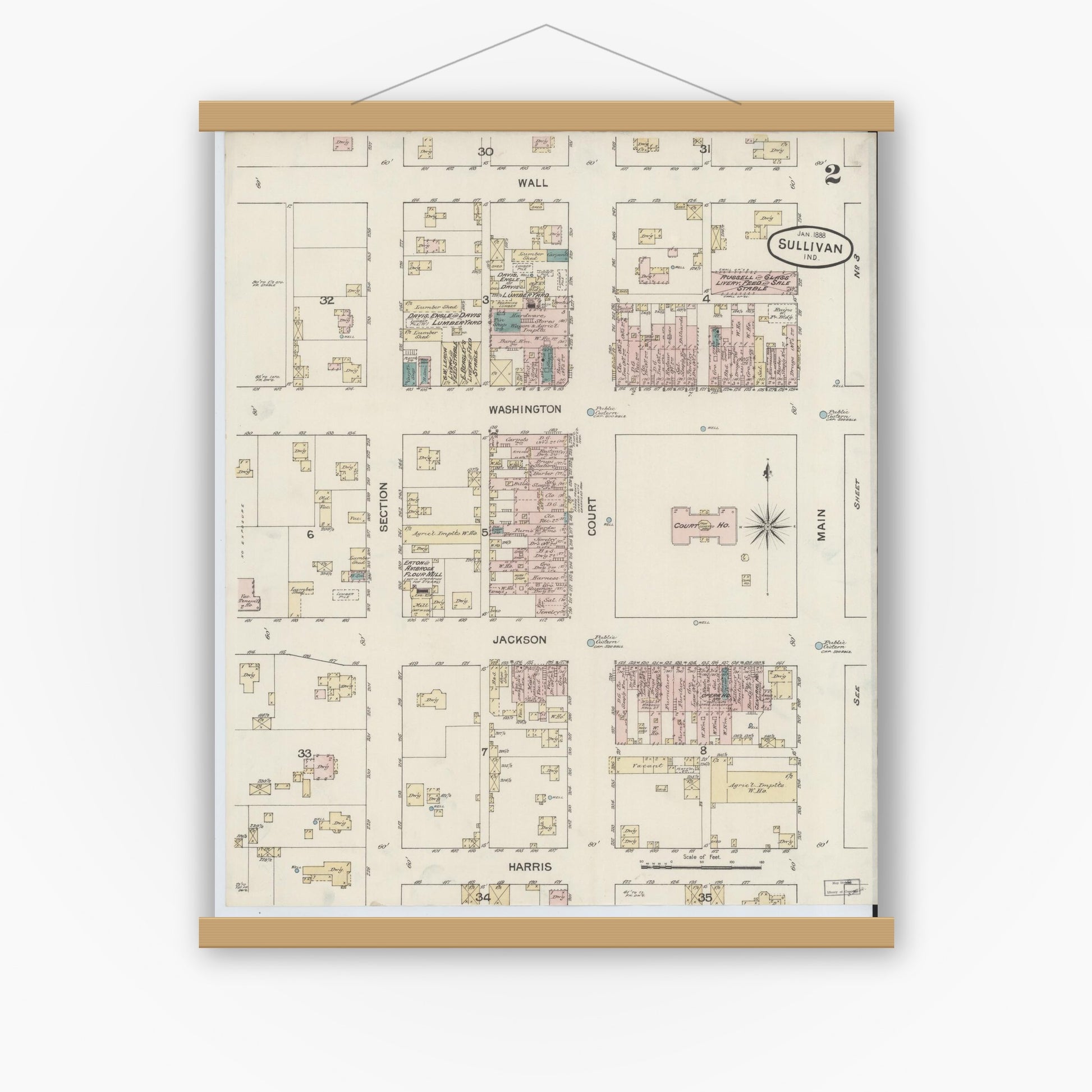 Old map wall art mockup — magnetic wood frame on white wall — Sanborn Fire Insurance Map from Sullivan, Sullivan County, Indiana (1888), Sheet #0002