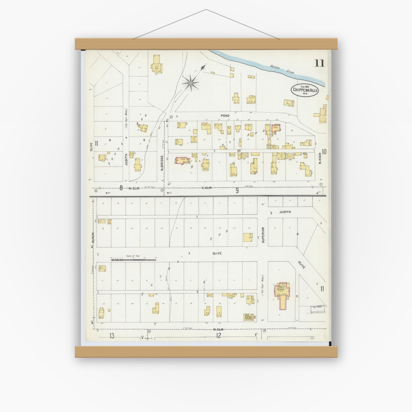 Old map wall art mockup — magnetic wood frame on white wall — Sanborn Fire Insurance Map from Chippewa Falls, Chippewa County, Wisconsin (1903), Sheet #0011
