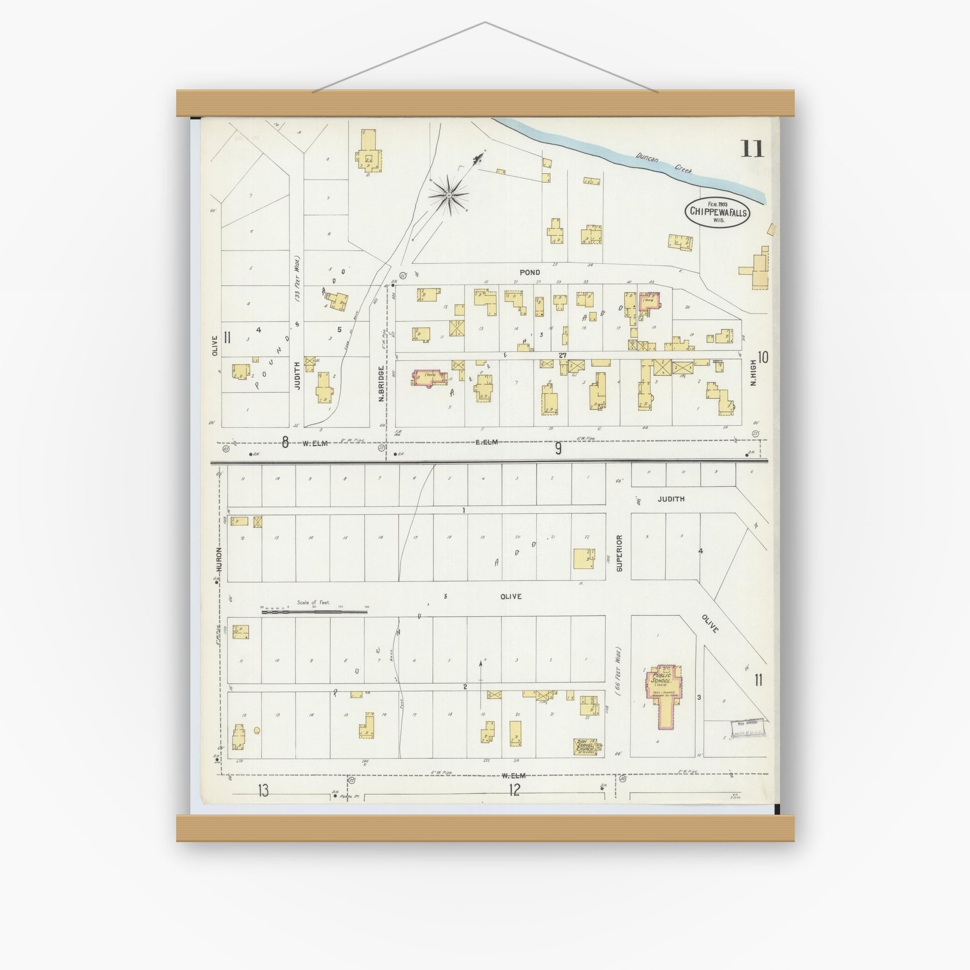 Old map wall art mockup — magnetic wood frame on white wall — Sanborn Fire Insurance Map from Chippewa Falls, Chippewa County, Wisconsin (1903), Sheet #0011