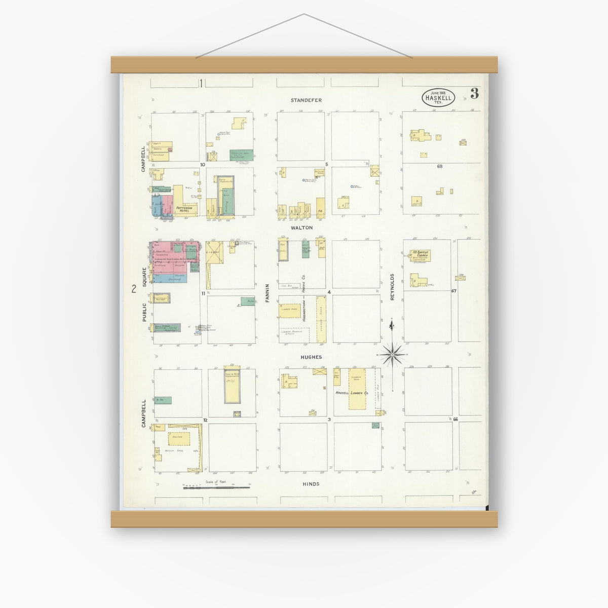 Old map wall art mockup — magnetic wood frame on white wall — Sanborn Fire Insurance Map from Haskell, Haskell County, Texas (1908), Sheet #0003