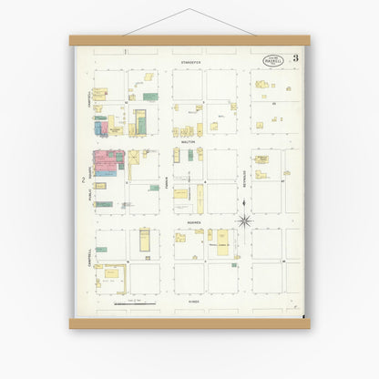 Old map wall art mockup — magnetic wood frame on white wall — Sanborn Fire Insurance Map from Haskell, Haskell County, Texas (1908), Sheet #0003