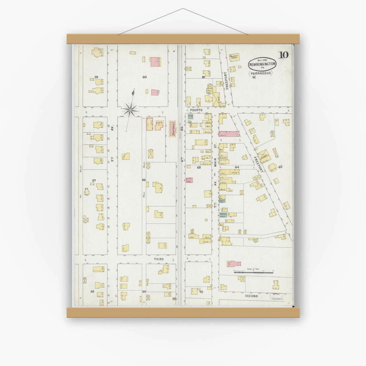 Old map wall art mockup — magnetic wood frame on white wall — Sanborn Fire Insurance Map from New Kensington, Westmoreland County, Pennsylvania (1895), Sheet #0010