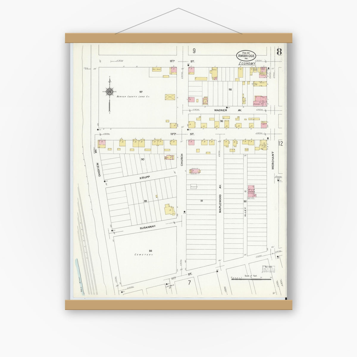 Old map wall art mockup — magnetic wood frame on white wall — Sanborn Fire Insurance Map from Ambridge, Beaver County, Pennsylvania (1911), Sheet #0008