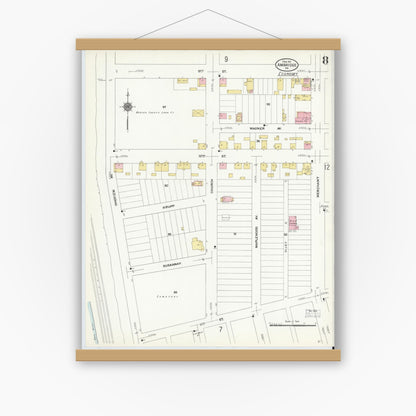Old map wall art mockup — magnetic wood frame on white wall — Sanborn Fire Insurance Map from Ambridge, Beaver County, Pennsylvania (1911), Sheet #0008