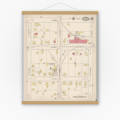 Old map wall art mockup — magnetic wood frame on white wall — Sanborn Fire Insurance Map from Tecumseh, Lenawee County, Michigan (1922), Sheet #0012