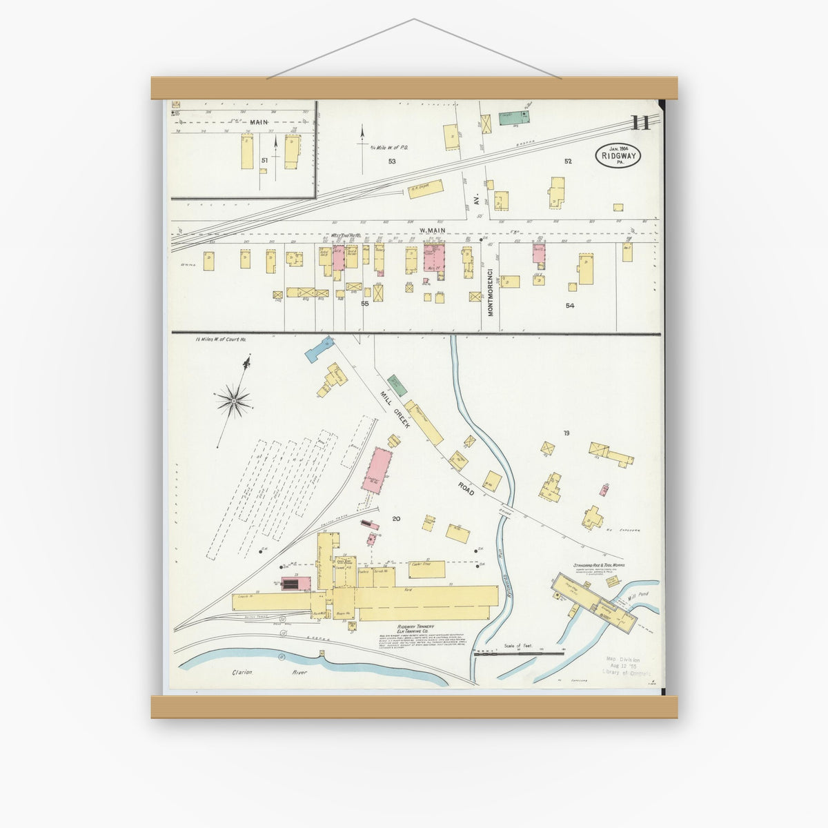Old map wall art mockup — magnetic wood frame on white wall — Sanborn Fire Insurance Map from Ridgway, Elk County, Pennsylvania (1904), Sheet #0011