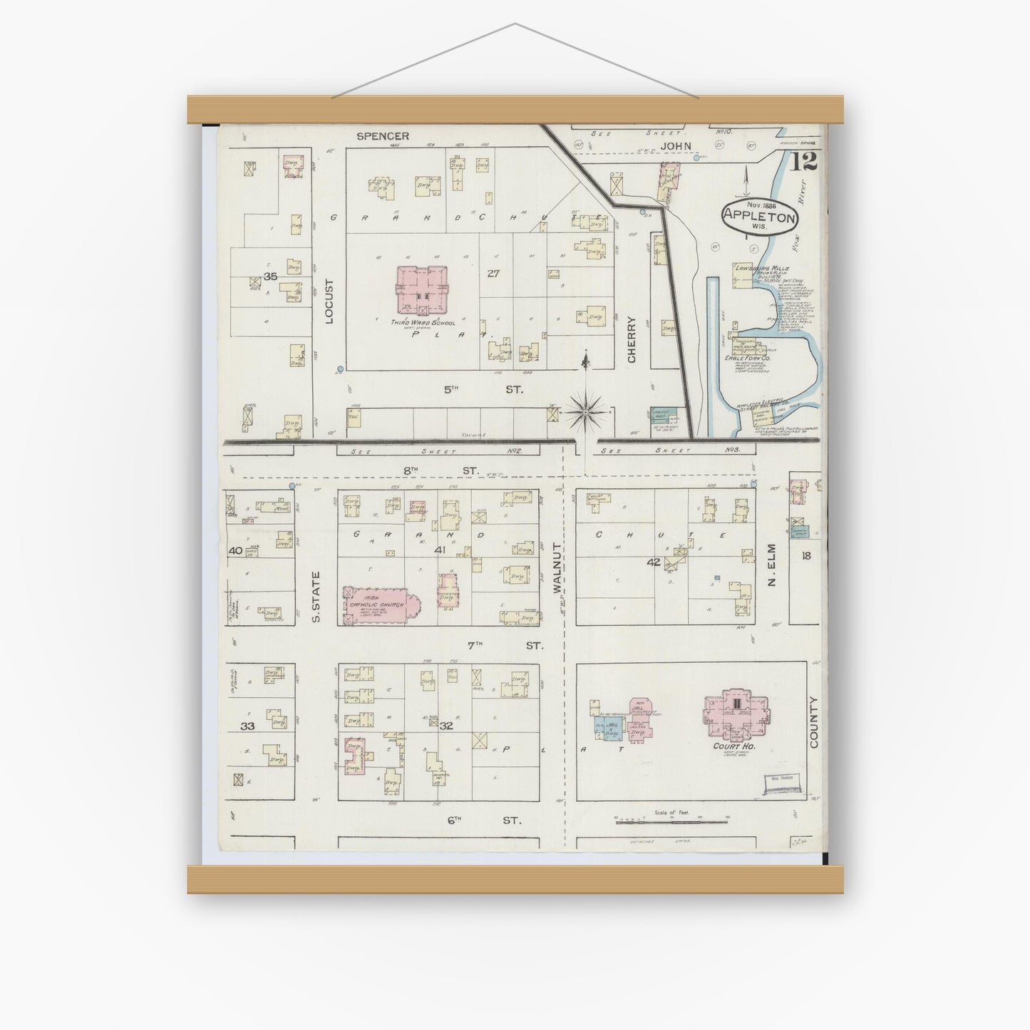 Old map wall art mockup — magnetic wood frame on white wall — Sanborn Fire Insurance Map from Appleton, Outagamie County, Wisconsin (1886), Sheet #0012