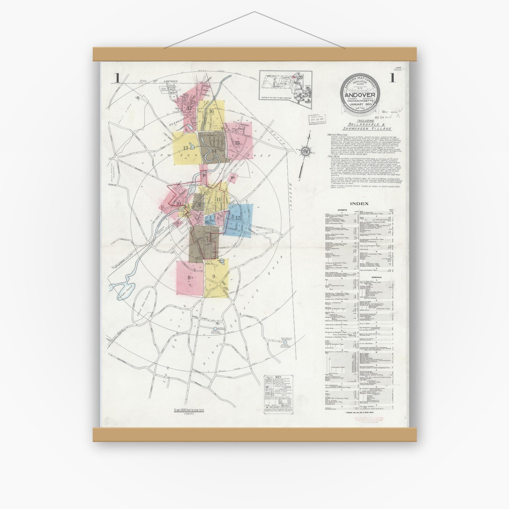Old map wall art mockup — magnetic wood frame on white wall — Sanborn Fire Insurance Map from Andover, Essex County, Massachusetts (1930) - Complete Map Set