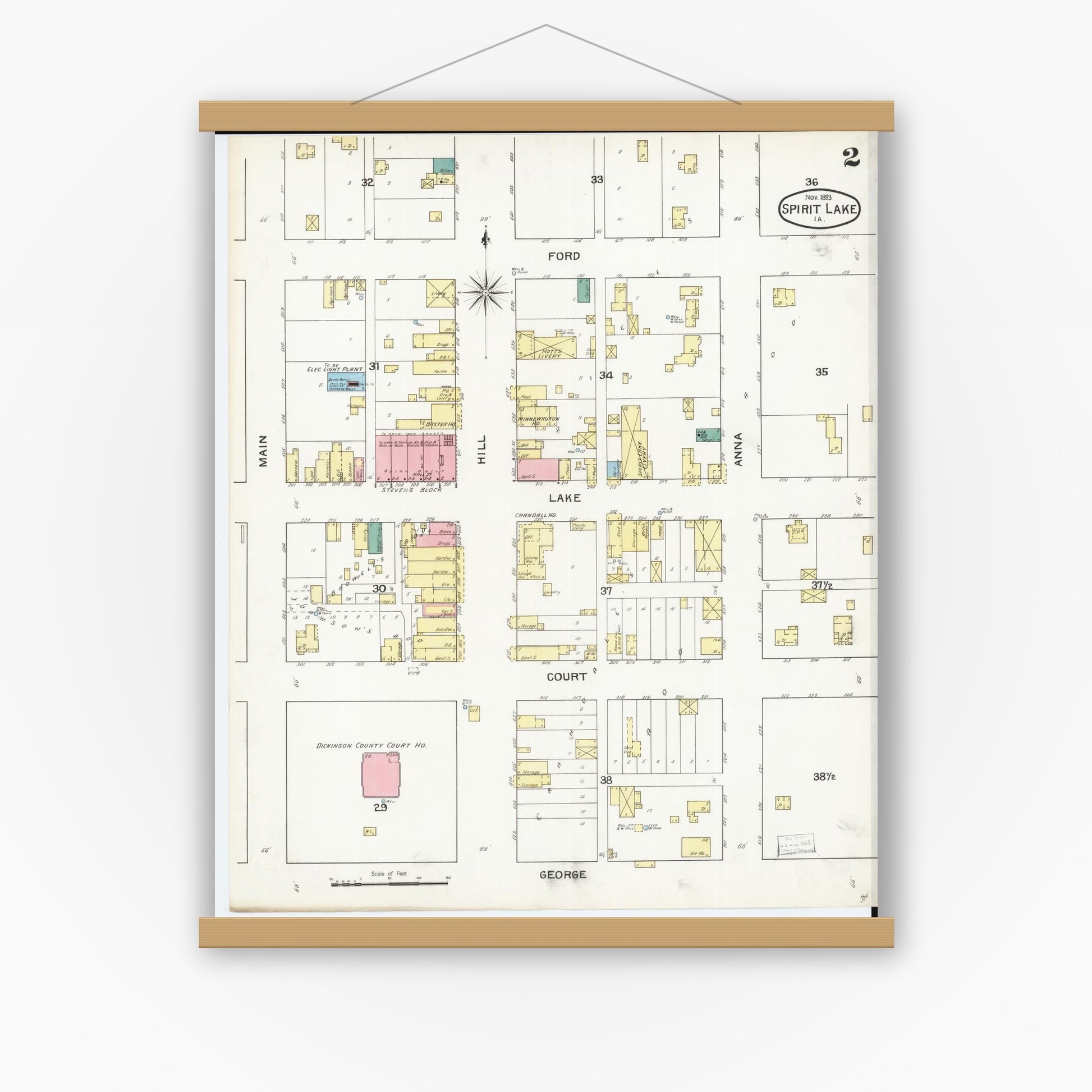 Old map wall art mockup — magnetic wood frame on white wall — Sanborn Fire Insurance Map from Spirit Lake, Dickinson County, Iowa (1893), Sheet #0002