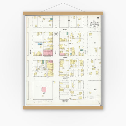 Old map wall art mockup — magnetic wood frame on white wall — Sanborn Fire Insurance Map from Spirit Lake, Dickinson County, Iowa (1893), Sheet #0002