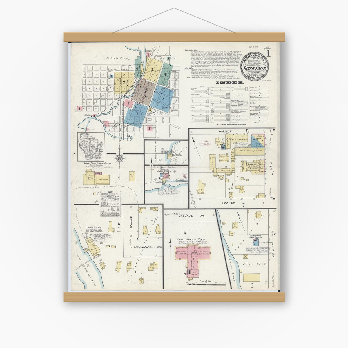 Old map wall art mockup — magnetic wood frame on white wall — Sanborn Fire Insurance Map from River Falls, St. Croix and Pierce Counties, Wisconsin (1912) - Complete Map Set