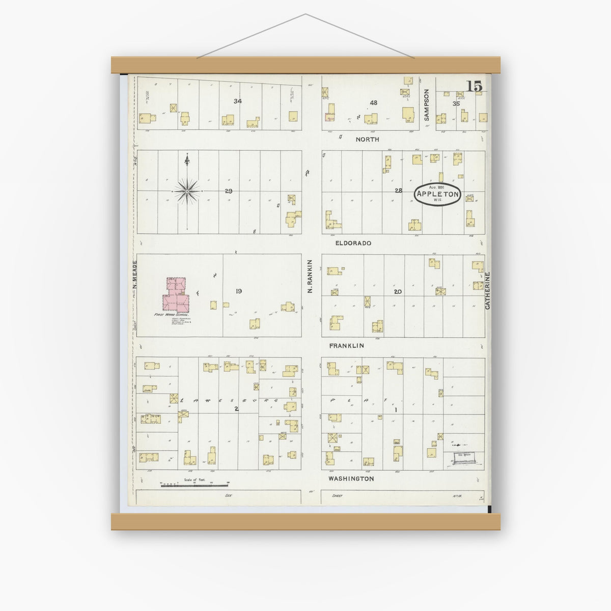 Old map wall art mockup — magnetic wood frame on white wall — Sanborn Fire Insurance Map from Appleton, Outagamie County, Wisconsin (1891), Sheet #0015
