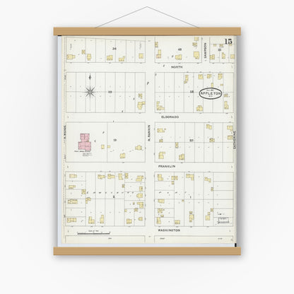 Old map wall art mockup — magnetic wood frame on white wall — Sanborn Fire Insurance Map from Appleton, Outagamie County, Wisconsin (1891), Sheet #0015