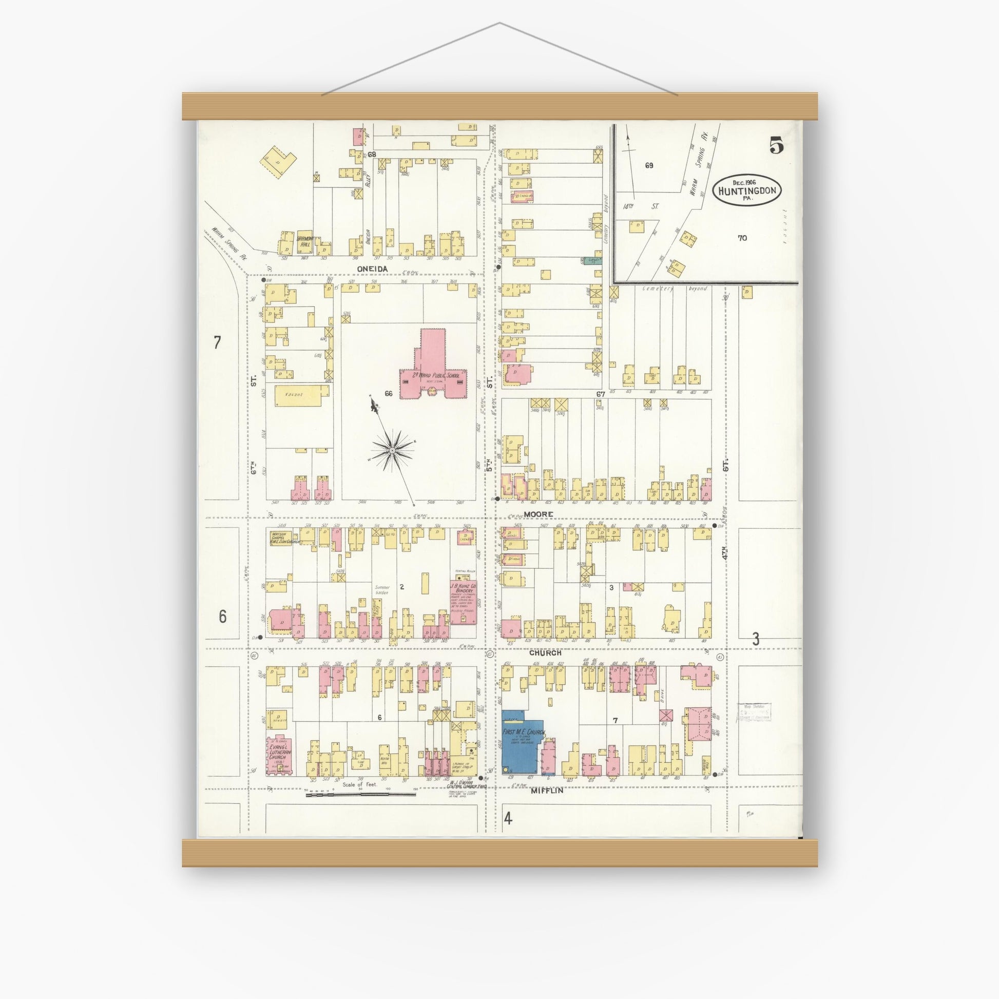 Old map wall art mockup — magnetic wood frame on white wall — Sanborn Fire Insurance Map from Huntingdon, Huntingdon County, Pennsylvania (1906), Sheet #0005