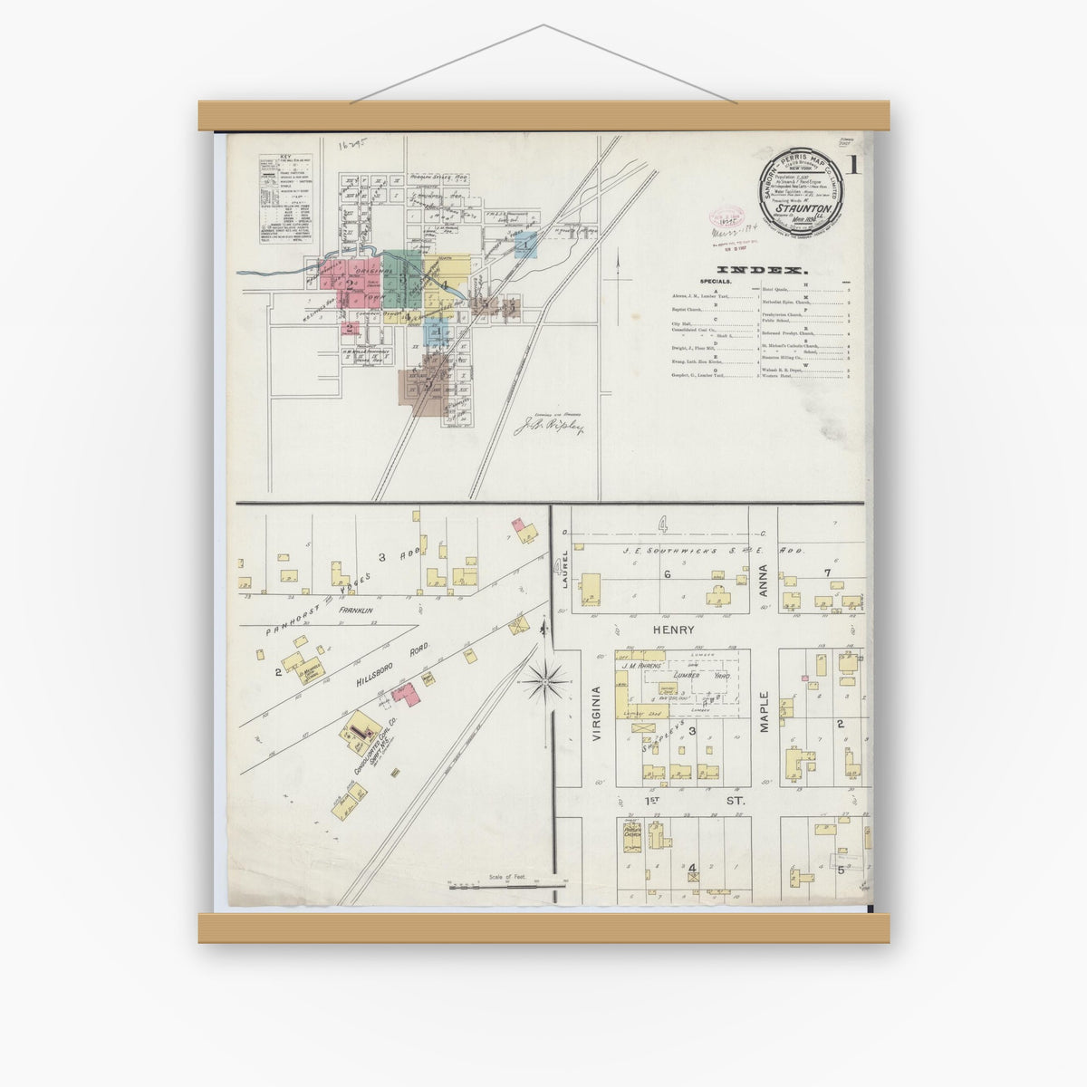 Old map wall art mockup — magnetic wood frame on white wall — Sanborn Fire Insurance Map from Staunton, Macoupin County, Illinois (1894), Sheet #0001