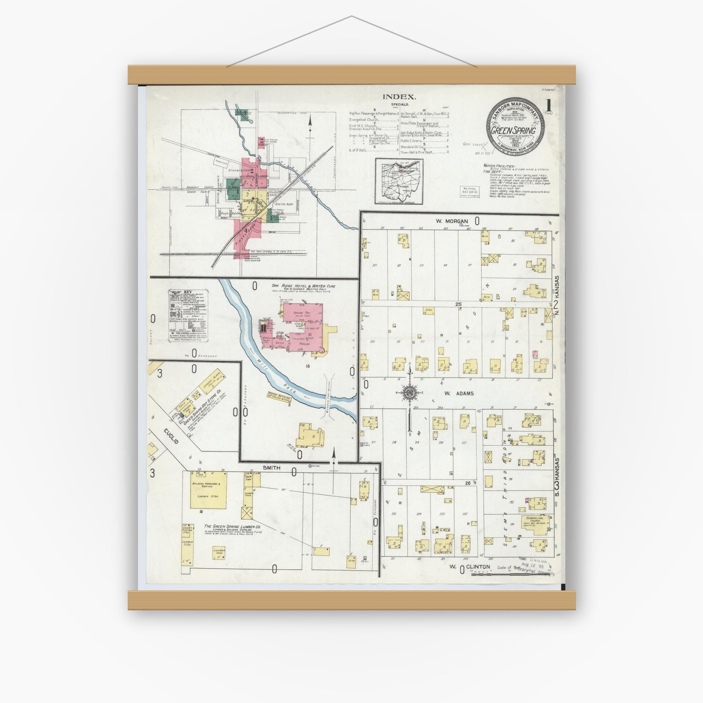 Old map wall art mockup — magnetic wood frame on white wall — Sanborn Fire Insurance Map from Green Springs, Sandusky And Seneca Counties, Ohio (1921) - Complete Map Set