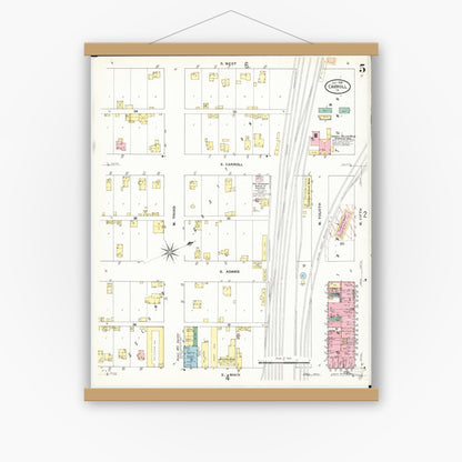 Old map wall art mockup — magnetic wood frame on white wall — Sanborn Fire Insurance Map from Carroll, Carroll County, Iowa (1909), Sheet #0005