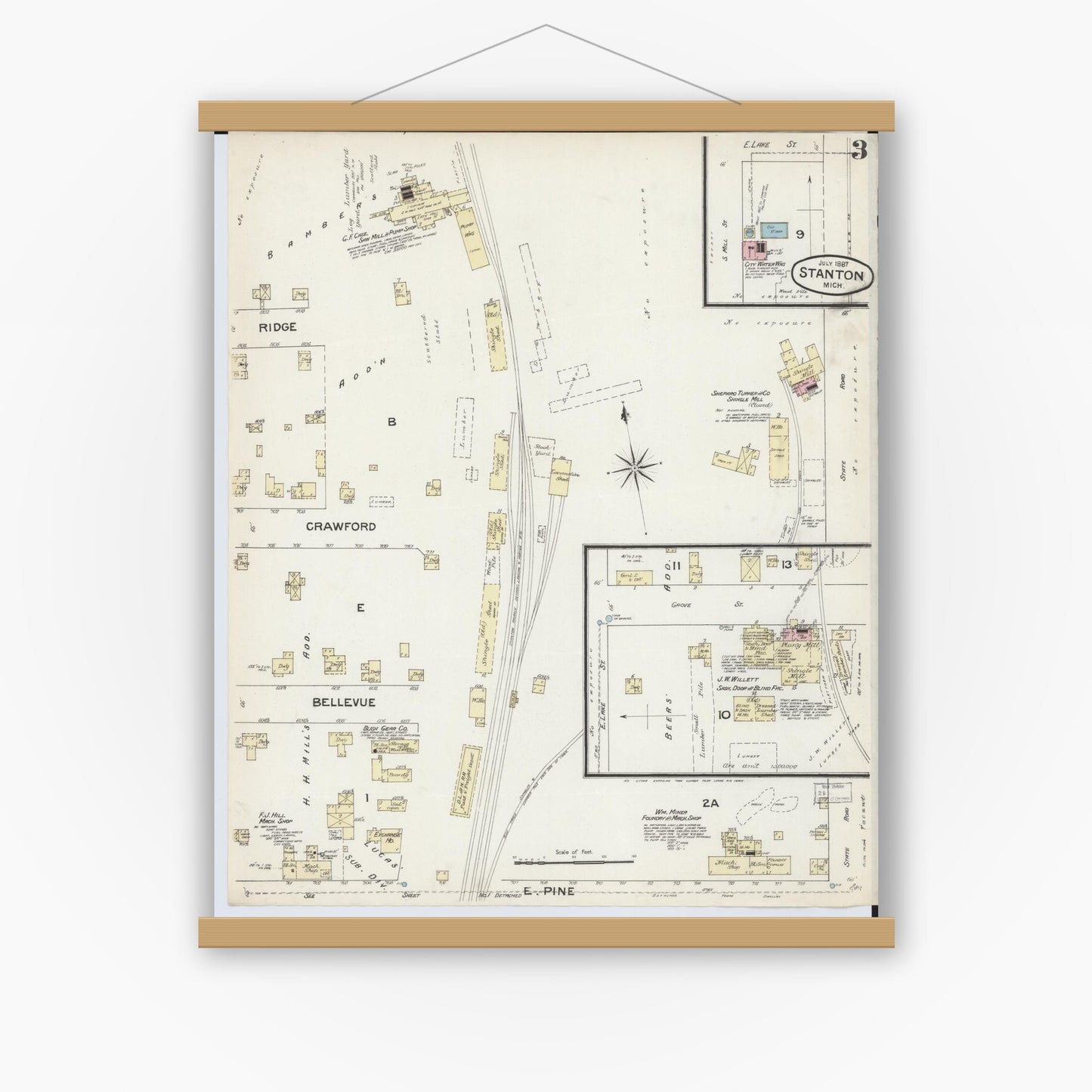 Old map wall art mockup — magnetic wood frame on white wall — Sanborn Fire Insurance Map from Stanton, Montcalm County, Michigan (1887), Sheet #0003