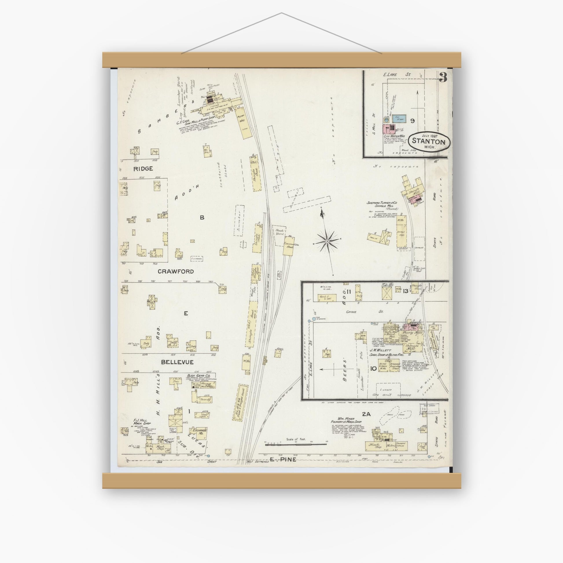 Old map wall art mockup — magnetic wood frame on white wall — Sanborn Fire Insurance Map from Stanton, Montcalm County, Michigan (1887), Sheet #0003