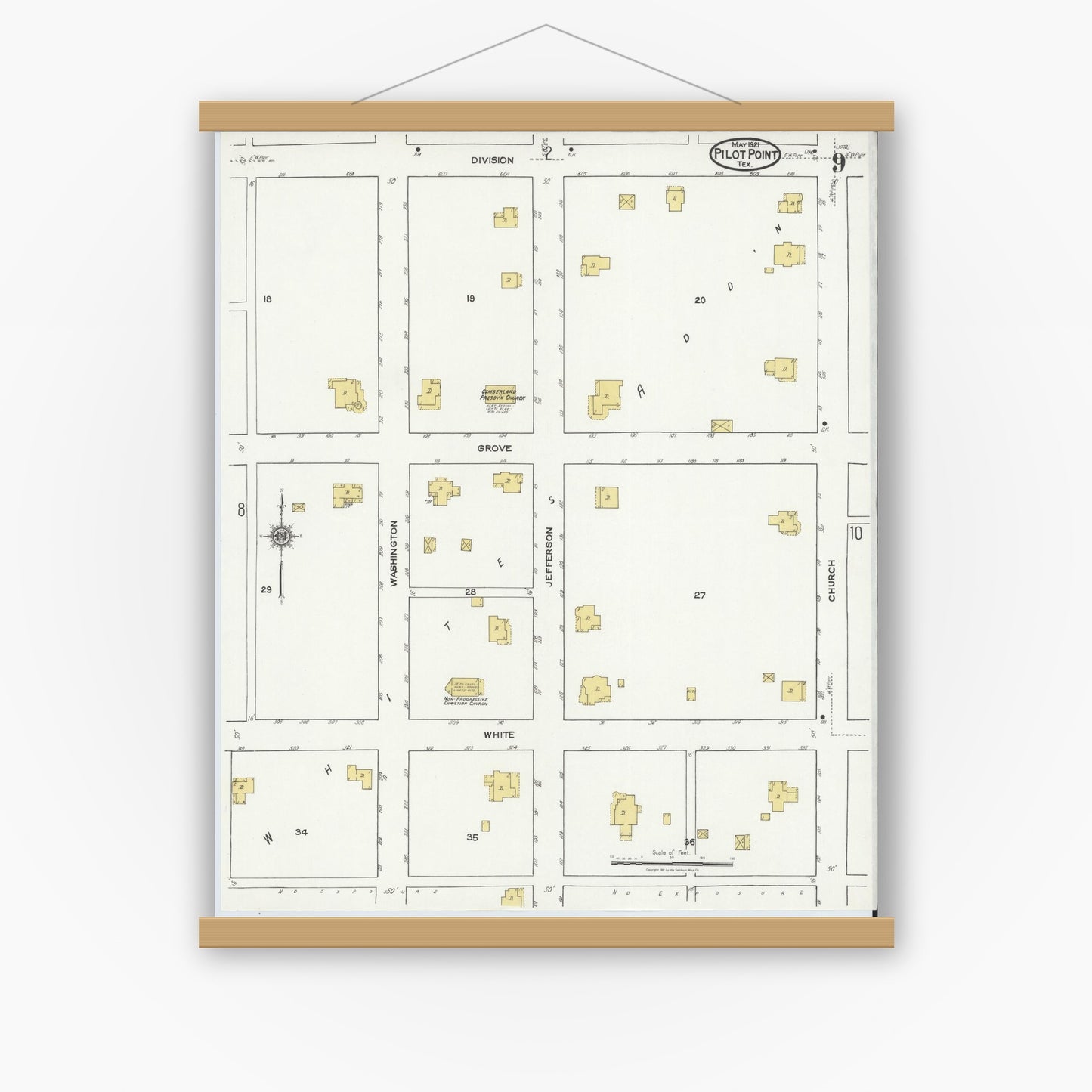 Old map wall art mockup — magnetic wood frame on white wall — Sanborn Fire Insurance Map from Pilot Point, Denton County, Texas (1921), Sheet #0009