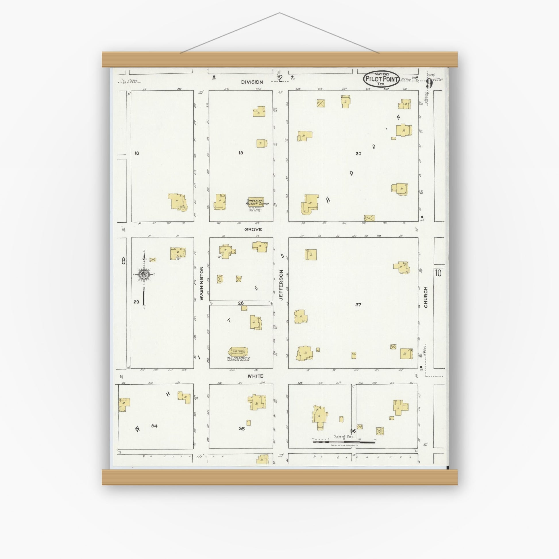 Old map wall art mockup — magnetic wood frame on white wall — Sanborn Fire Insurance Map from Pilot Point, Denton County, Texas (1921), Sheet #0009