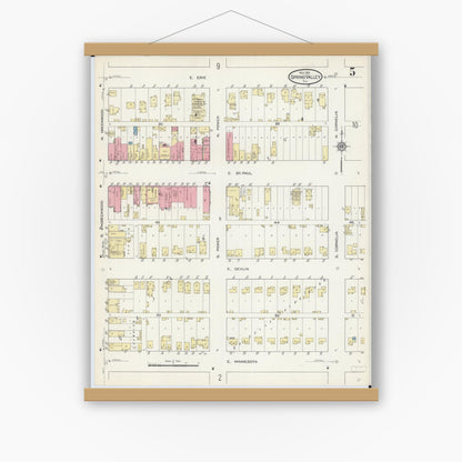 Old map wall art mockup — magnetic wood frame on white wall — Sanborn Fire Insurance Map from Spring Valley, Bureau County, Illinois (1913), Sheet #0005