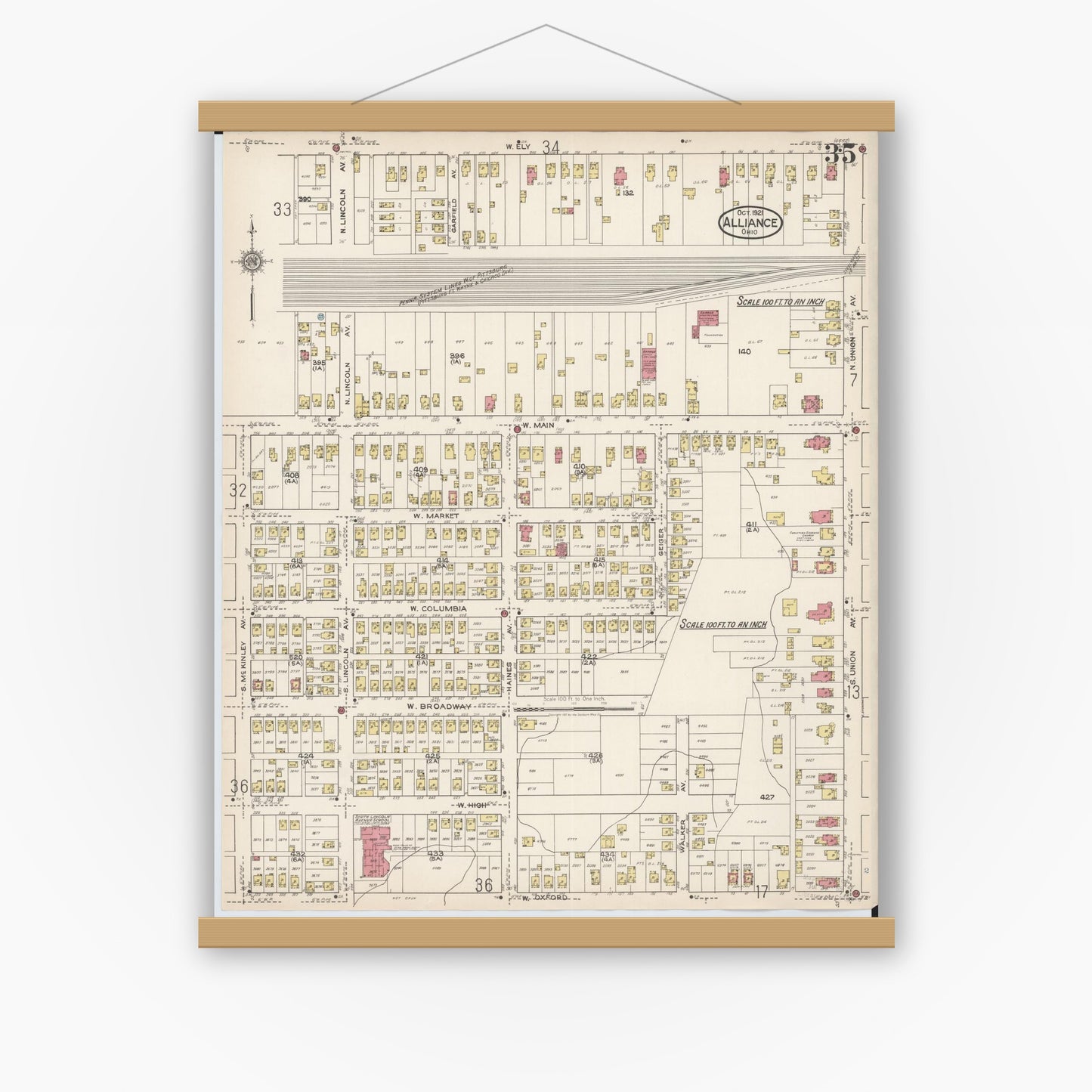 Old map wall art mockup — magnetic wood frame on white wall — Sanborn Fire Insurance Map from Alliance, Stark County, Ohio (1921), Sheet #0035