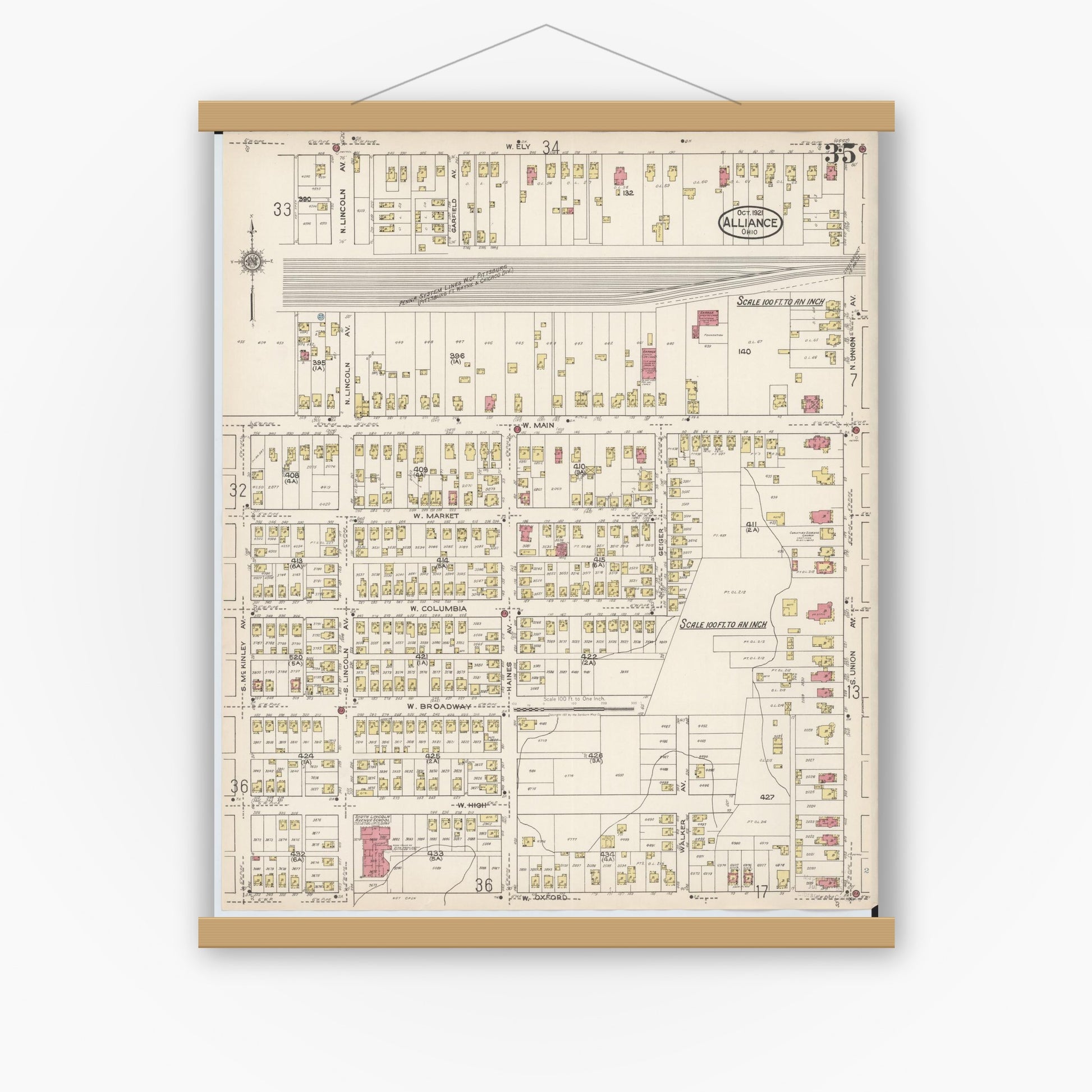 Old map wall art mockup — magnetic wood frame on white wall — Sanborn Fire Insurance Map from Alliance, Stark County, Ohio (1921), Sheet #0035