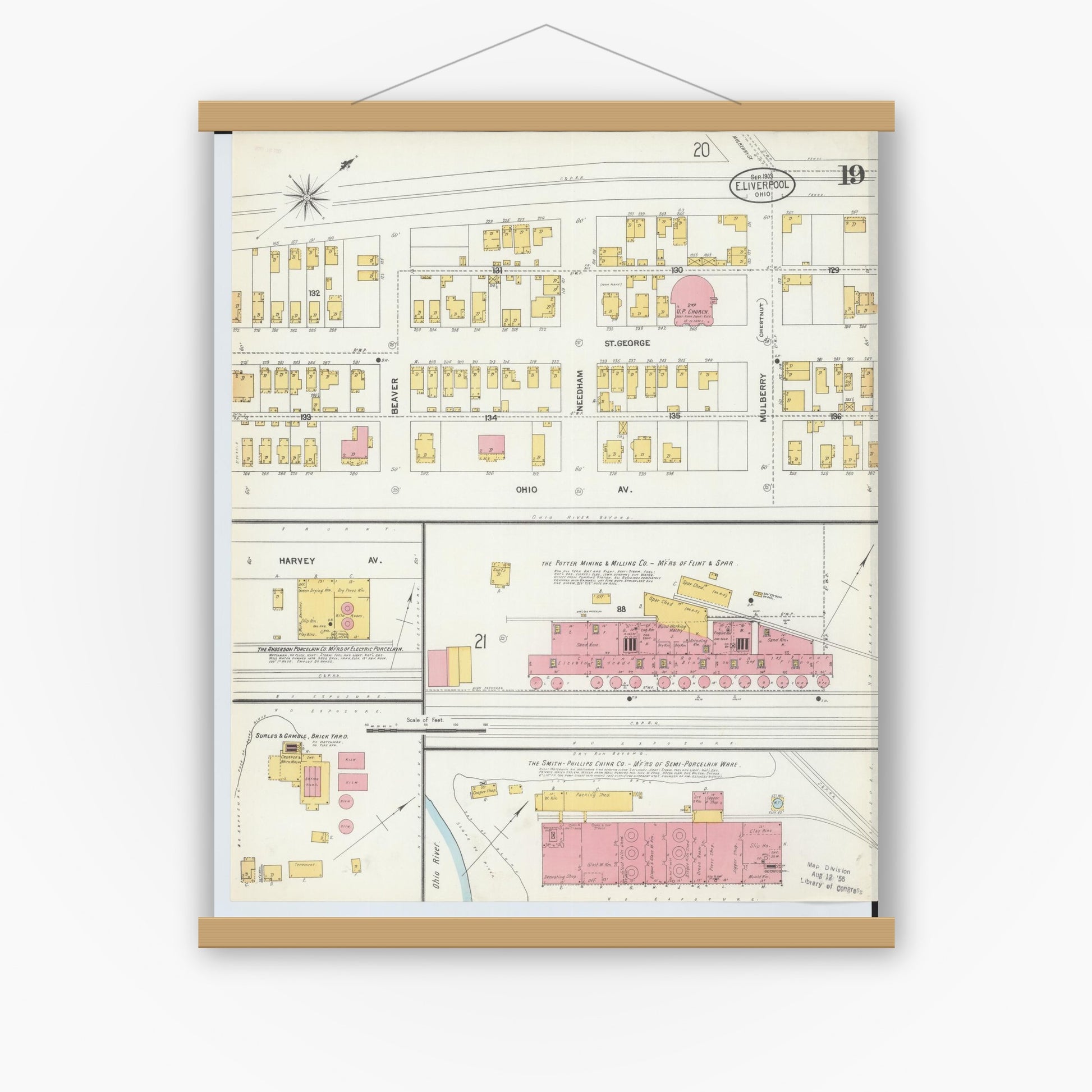 Old map wall art mockup — magnetic wood frame on white wall — Sanborn Fire Insurance Map from East Liverpool, Columbiana County, Ohio (1903), Sheet #0019