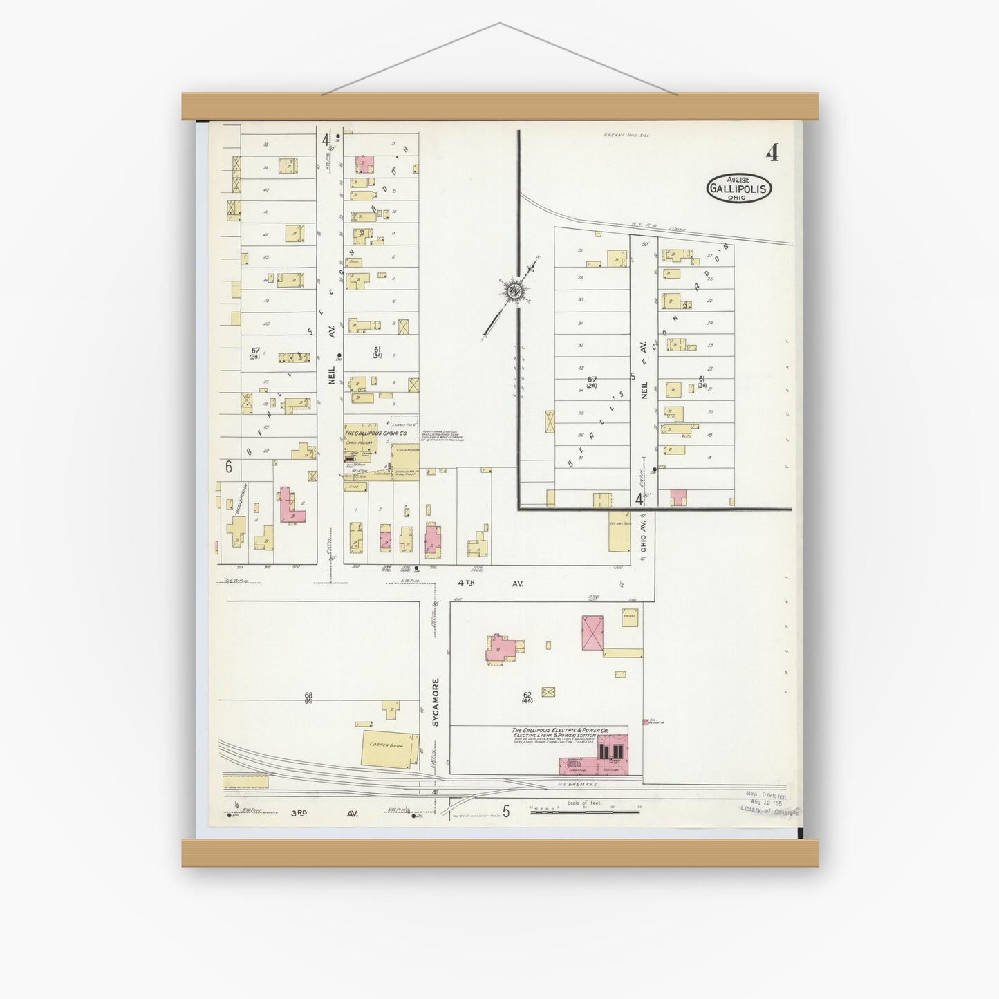 Old map wall art mockup — magnetic wood frame on white wall — Sanborn Fire Insurance Map from Gallipolis, Gallia County, Ohio (1916), Sheet #0004