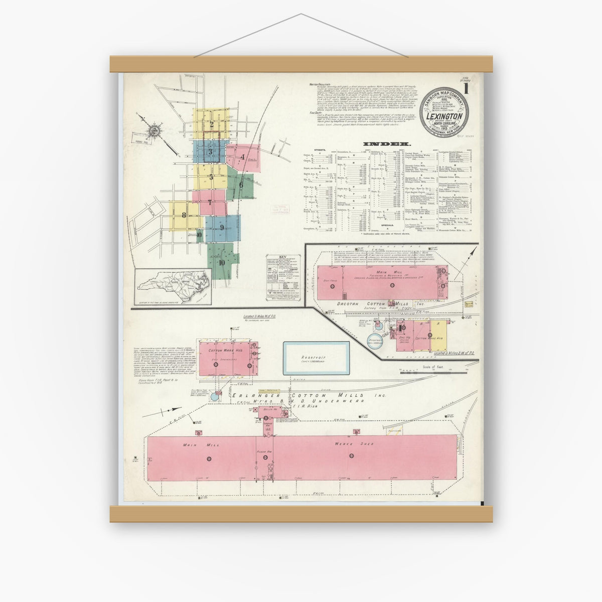 Old map wall art mockup — magnetic wood frame on white wall — Sanborn Fire Insurance Map from Lexington, Davidson County, North Carolina (1913), Sheet #0001
