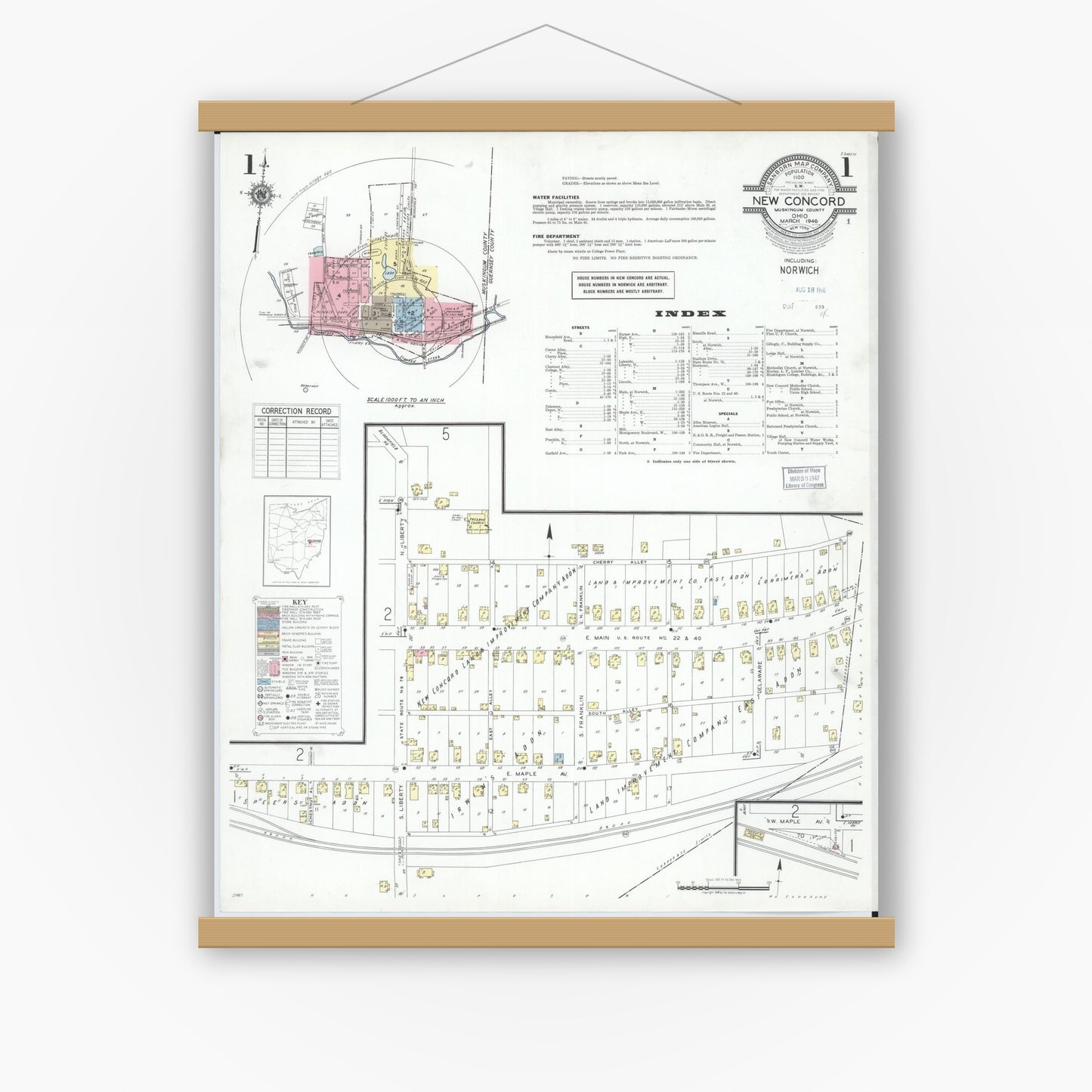 Old map wall art mockup — magnetic wood frame on white wall — Sanborn Fire Insurance Map from New Concord, Muskingum County, Ohio (1946) - Complete Map Set