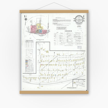 Old map wall art mockup — magnetic wood frame on white wall — Sanborn Fire Insurance Map from New Concord, Muskingum County, Ohio (1946) - Complete Map Set