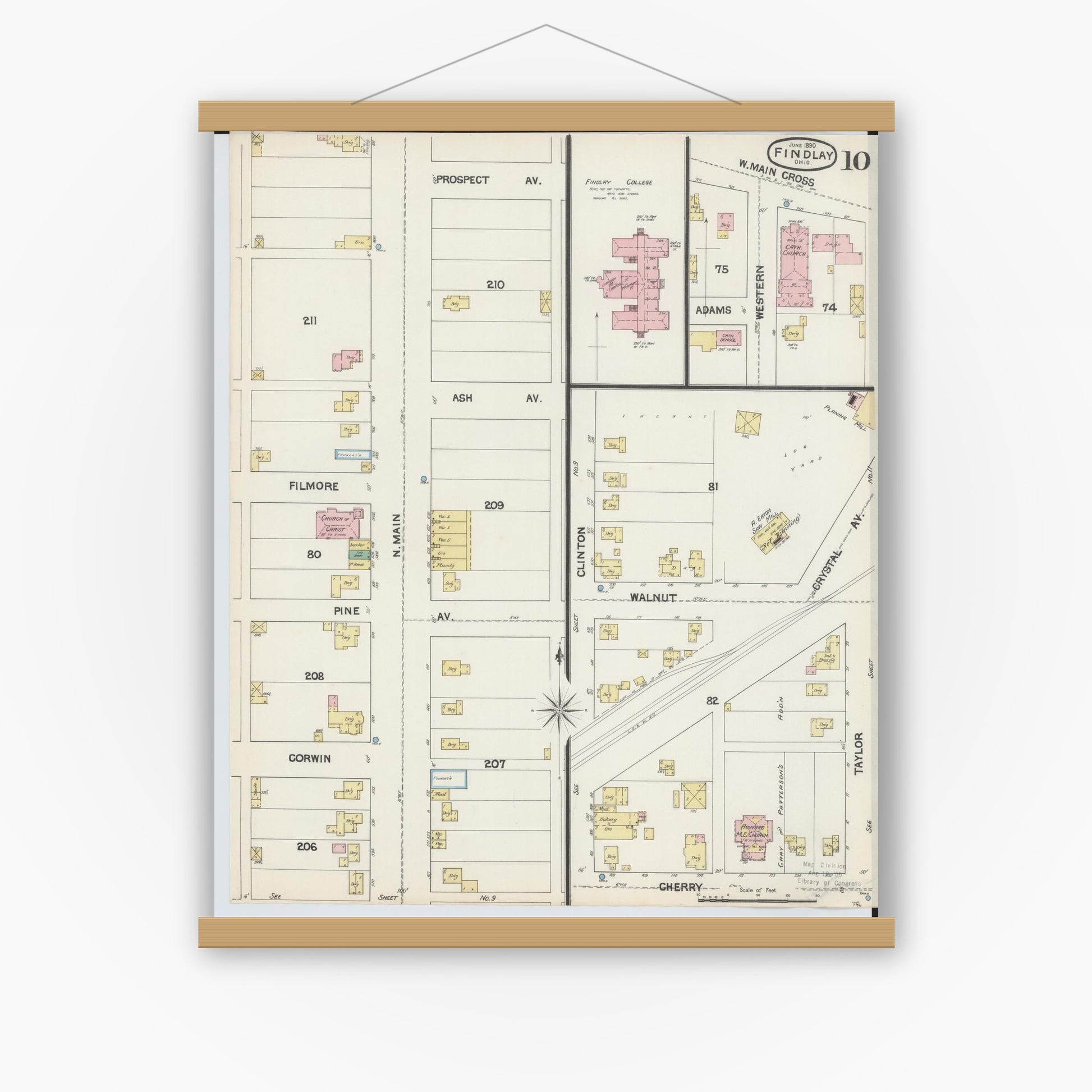 Old map wall art mockup — magnetic wood frame on white wall — Sanborn Fire Insurance Map from Findlay, Hancock County, Ohio (1890), Sheet #0010