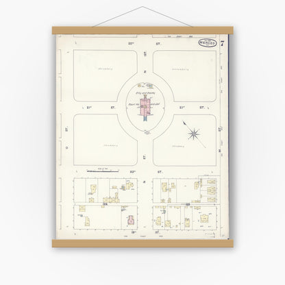 Old map wall art mockup — magnetic wood frame on white wall — Sanborn Fire Insurance Map from Merced, Merced County, California (1888), Sheet #0007