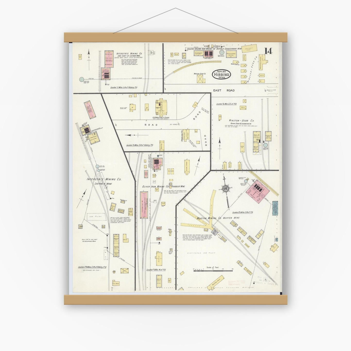 Old map wall art mockup — magnetic wood frame on white wall — Sanborn Fire Insurance Map from Hibbing, Saint Louis County, Minnesota (1913), Sheet #0014