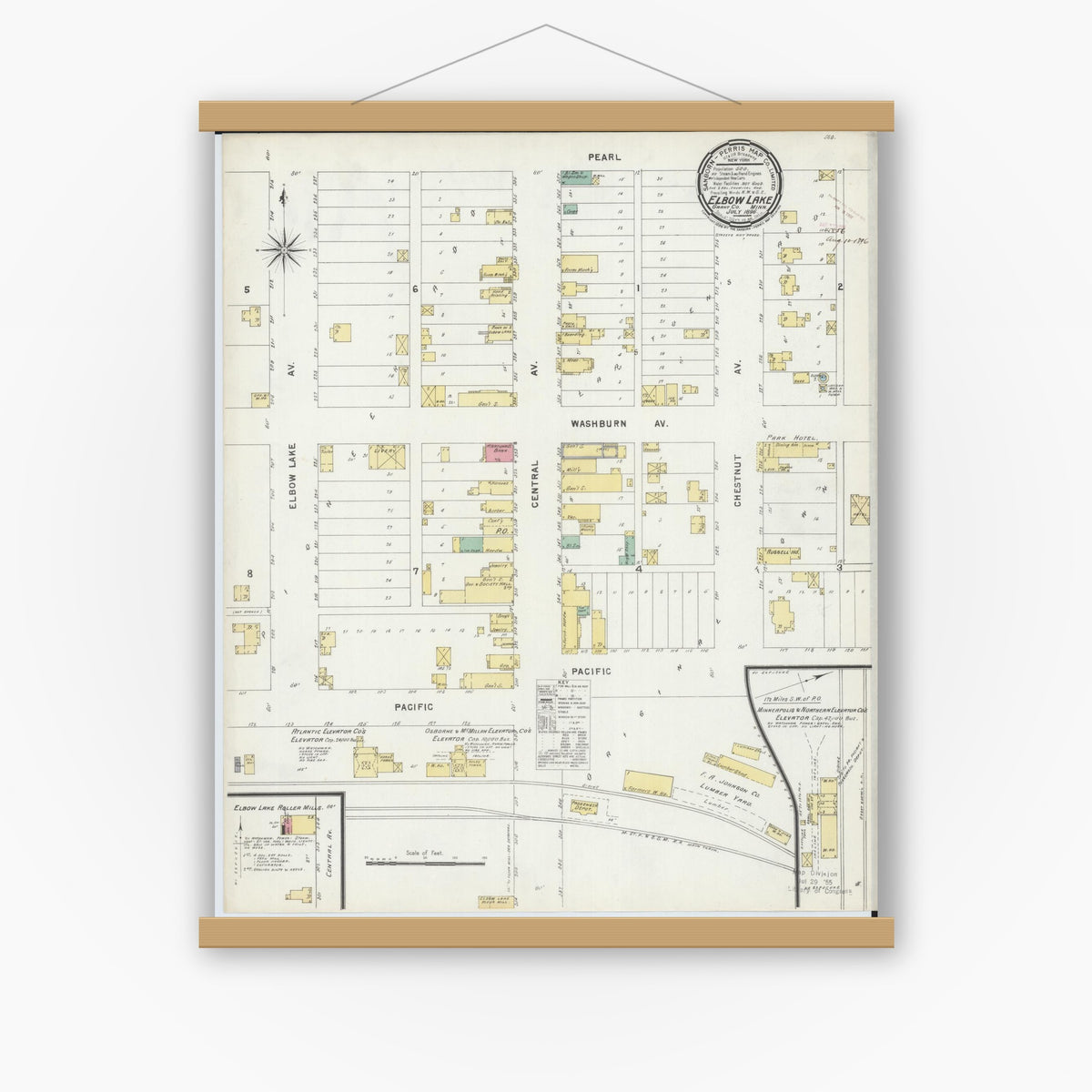 Old map wall art mockup — magnetic wood frame on white wall — Sanborn Fire Insurance Map from Elbow Lake, Grant County, Minnesota (1896), Sheet #0001